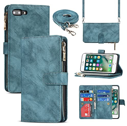 CAVOR Handykette Handyhülle kompatibel mit iPhone 7 Plus/8 Plus Hülle Mit Band,Flip Leder Geldbörse Hülle Mit Kette,[9 Kartenfach][Doppelte Schnalle],Umhängeband Klapphülle Handytasche - Hellblau