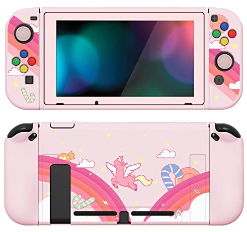 PlayVital Coque pour Switch Protection,Joycon Cover avec Capuchon pour Nintendo Switch et Protecteur d'Écran & ZealProtect Boutons-Licorne&Arc-en-Ciel