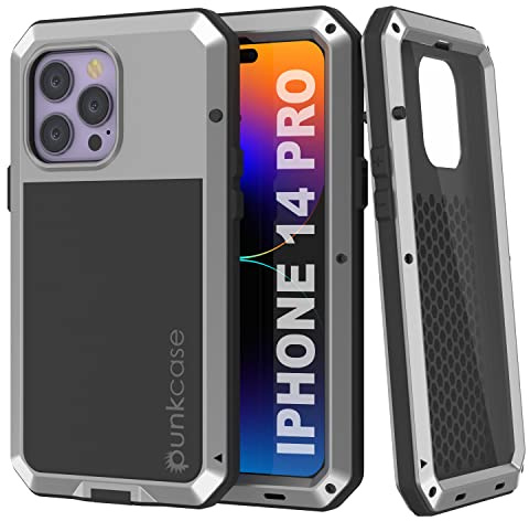 Punkcase for iPhone 14 Pro Metal Case | Heavy Duty Military Grade Armor Cover [Shock Proof] Hard Aluminum & TPU Design W/Tempered Glass Screen Protector for iPhone 14 Pro(6.1)(2022)[Silver]