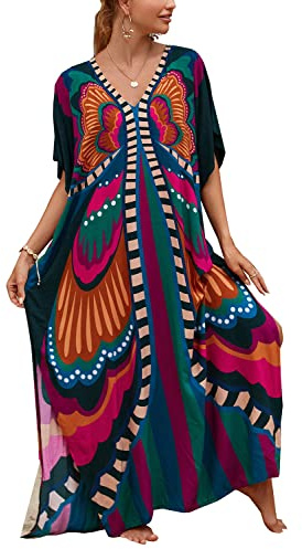 L-Peach Women's Summer Long Ethnic Print Beach Dress Kimono Maxi Kaftan Cover ups