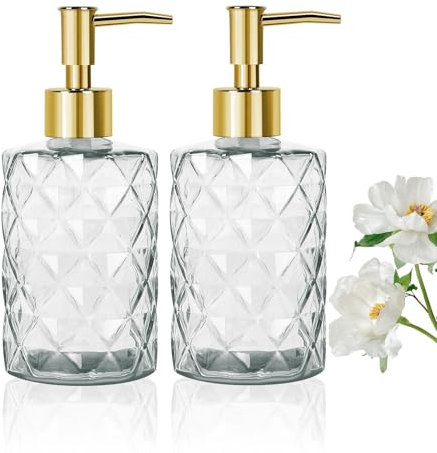 2 Glas Seifenspender Set Pumpflasche Transparente, Pumpspender 11oz Spülmittelspender Küche mit Pumpkopf und Trichter, Nachfüllbarer Duschgel Spenderflasche, Badaccessoires, Spender Ohne Bohren