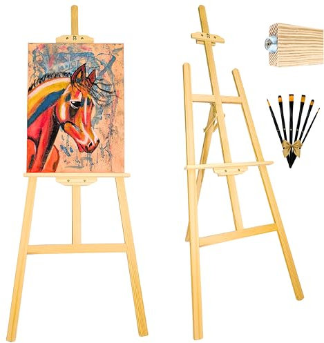 Caballete pintura profesional 150cm incluye pinceles. Caballete de madera plegable y altura ajustable. Soporte para lienzos grandes y pequeños, exposición de cuadros, pintura acrilica, oleo, niños