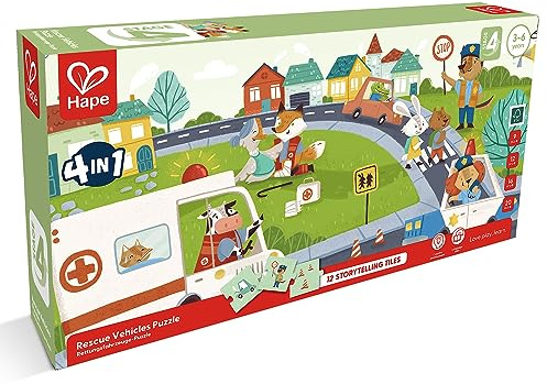 Rettungsfahrzeuge-Puzzle, Vier Puzzles zu je 9, 12, 16 und 20 Teilen, inklusive Erzählplättchen