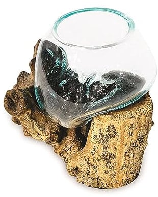 MAISONICA Molten Glass Round Small Bowl Rustic Teak Root Wood Base Stand Decor Ornament Gift