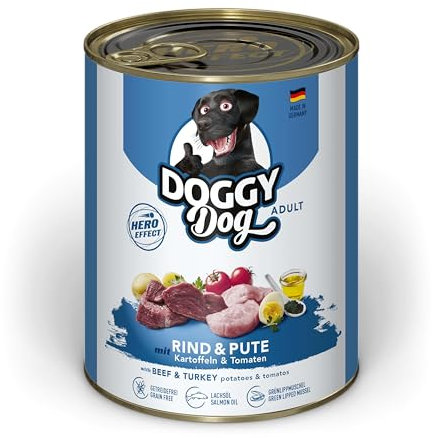 DOGGY Dog Paté Rind & Pute, 6 x 800 g, Nassfutter für Hunde, getreidefreies Hundefutter mit Lachsöl und Grünlippmuschel, Alleinfuttermittel mit Kartoffeln und Tomate, Made in Germany