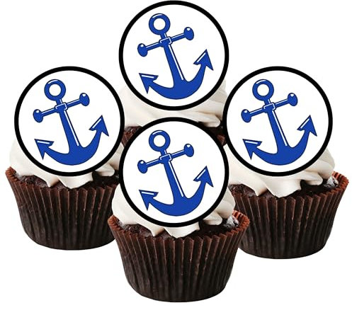 Blue Anchor Edible Cupcake Toppers – 4cm/1.5 Inch Precut Round Nautical Cake Decorations for Sailor, Navy & Coastal Party Themes (Pack of 12)