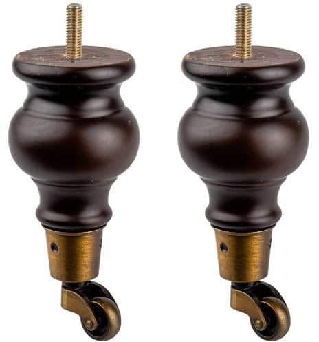 TCHOSUZ 6 inch / 16cm Wooden Furniture Legs, Pack of 2 Classic Walnut Solid Wood Round DIY Replacement Bun Feet with Caster Wheels for DIY Project Sofa Couch Cabinet Ottoman Bed Riser