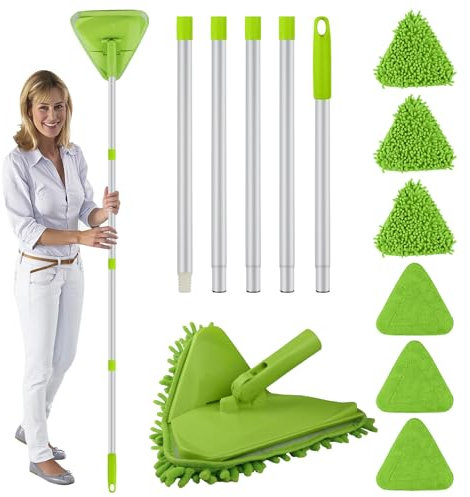 Wall & Baseboard Cleaner Mop Tool with 82'' Long Handle, 360 Degree Rotating 3-in-1 Ceiling Cleaning Tool Duster for Cleaning Painted Walls, Window, Floor, 6 Replacement Microfiber Chenille Pads