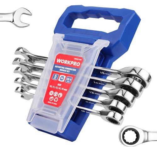 WORKPRO Ringmaulschlüssel-Set, metrisch, 5-teilig, Ratschenringschlüssel-Set, 10 mm, 11 mm, 13 mm, 14 mm, 15 mm, 12-kant, CR-V-Stahl, mit Organizer-Rack