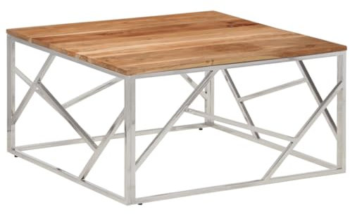 vidaXL Couchtisch, Beistelltisch mit Holzplatte, Sofatisch Tisch mit Edelstahlgestell, Pflegeleicht Kaffeetisch Teetisch, Silbern Edelstahl Massivholz Akazie
