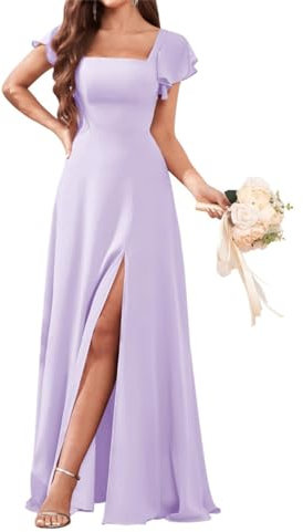 WSEYU Vestidos de fiesta de una línea con mangas de gasa con volantes de barrido tren de barrido vestidos de noche para invitados de boda lila UK22