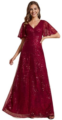 Ever-Pretty Vestido de Fiesta Largo de Noche Mangas Volantes Lentejuelas Cuello en V Línea A Corte Imperio Brillante Vestidos de Gala Burdeos 44