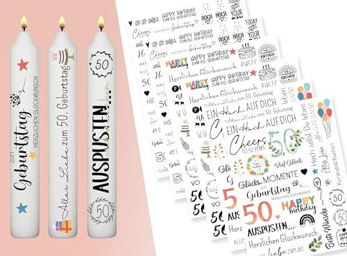 Sugeru® 6 X DIN A5 kerzenfolie(200+Muster) - 50. geburtstag, Kerzentattoo Wassertransferdruck | Wasserschiebefolie kerzen dekorieren,kerzenaufkleber sticker,deko 50 geburtstag geschenk Birthday(50)