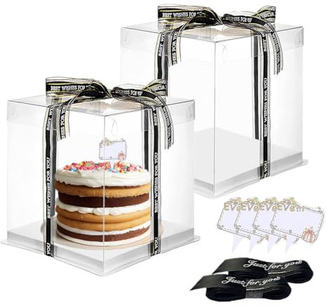 Vebetter 2 Stück Tortenschachtel Tortenkarton Tortenbox 23 * 22 * 22cm Cake Box Transparent Torten Transportboxen Geschenkbox Durchsichtig mit Weiß Sockel, Band, kleine Karte für Geburtstag Dessert.