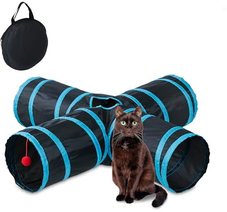 Relaxdays Katzentunnel, Faltbare Katzenröhre, HBT: 25 x 92 x 92 cm, Spieltunnel, Katzenzubehör, mit 4 Wegen, Nylon, bunt