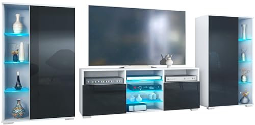 Vladon Wohnwand Davos, Anbauwand bestehend aus 2 Vitrinen und 1 TV-Board, Weiß matt/Schwarz Hochglanz inkl. LED-Beleuchtung (329 x 134 x 35 cm)
