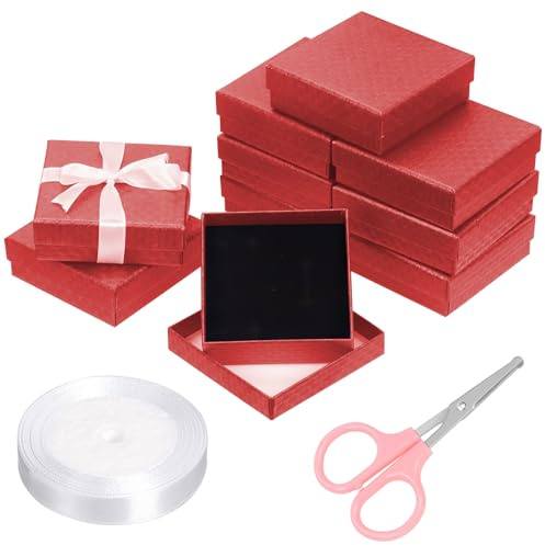 Glarks 12PCS rouge 9 x 9 X 3cm bijoux boîte - cadeau avec des ciseaux roses et 1,5 x 225cm blanc polyester ruban set, diamant motif collier boucles d'oreilles bracelet box, ideal Gift Box