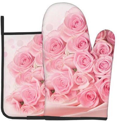Ofenhandschuhe und Topflappen-Sets, Ofenhandschuh und Topflappen 2 Stück zum Kochen Backen, Rose