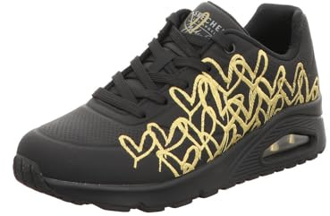 Skechers Damen UNO Golden HeartSneaker, Schwarze Durabuck-Gold-Mylar-Stickerei, 42 EU