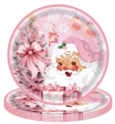 16PCS Christmas Paper Plates, 18cm Pink Santa Xmas Dinner Plates for Birthday, BBQs, Christmas, Picnic, Kids Shower Parties