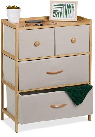 Relaxdays Kommode, Bambus, 4 Stoff-Schubladen, Flur, Schlafzimmer, HBT: 73 x 57,5 x 30 cm, Schubladenschrank, Farbwahl