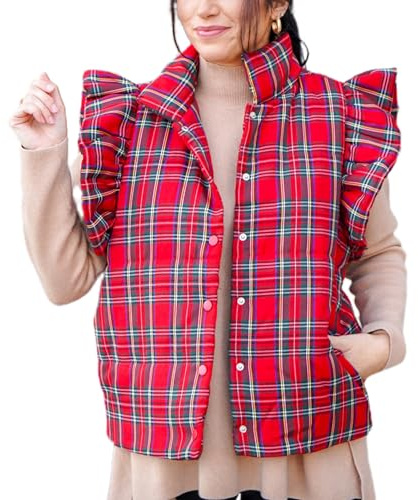 Owegvia Women's Christmas Plaid Cotton Gilets Turtle Neck Snap-up Flutter Sleeve Casual Lightweight Waistcoat Padded Gilet Coat
