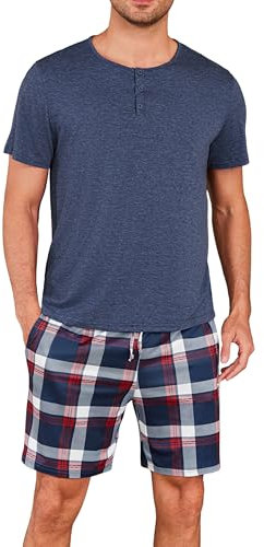 Uniexcosm Pyjama Homme Coton Ete Pyjama Manches Courtes Pyjama À Carreaux Homme Pantalon Manches Courtes Marine XXL