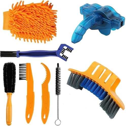 GJNMYSD 8 Pcs Bike Cleaning Brush Kit, Bike Chain Cleaner Multi Tool Bicycle Maintenance Accessories for Chain, Tire, Sprocket, Cycling Corner Stain Dirt Clean, Fits for All Bikes