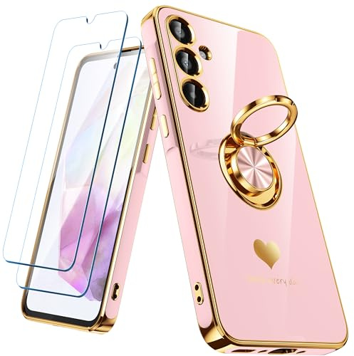 Nonional for Samsung Galaxy A35 5G Case with 2 Pack Screen Protector, 360° Rotatable Ring Holder [Luxury Hearts Pattern] Plating Gold Edge Slim Soft Phone Cover Case for Galaxy A35 - Girl Pink