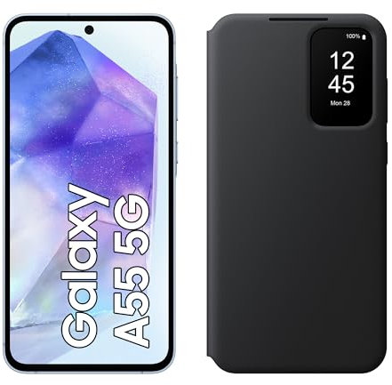 Samsung Galaxy A55 5G Smartphone, Android-Handy ohne Vertrag, 128 GB - 8 GB RAM, 2 Tage Akkulaufzeit, 50-MP-Kamera, Awesome Navy+Smart View Wallet Case, Black