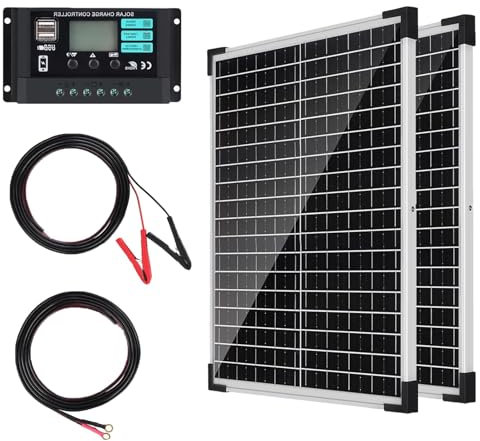 DERUXI Panel Solar de 50W Kit de 12V: Panel Solar Fotovoltaico Monocristalino de 2x25 W con Controlador de Carga de 10A, 2 Unidades de Cable de Extensión y 2 Pinzas de cocodrilo para Camping