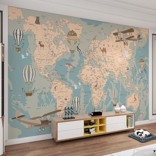 QDJKBL Cartoon-Kindertapete, Segeln, Meer, Weltkarte, Tier, Ballon, fliegendes Schach, Wandbilder, Tapetendekor, HD-Druck, wasserdicht für Wohnzimmer, Schlafzimmer - 350 x 256 cm