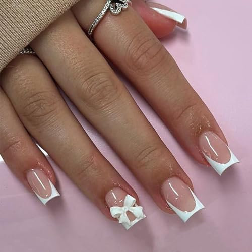 French False Nails - 24PCS Press On Nails with 3D Bow - Square French White Stick on Nails with Glue - Removable Glossy Full Cover Fake Nail for Women Girls Valentines Days Nail Art