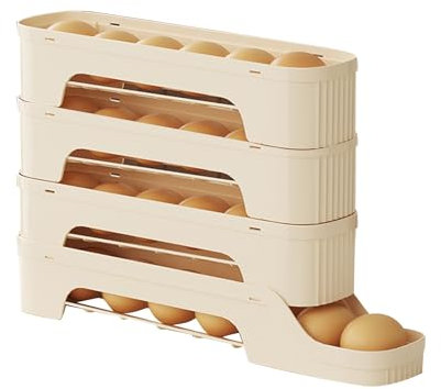 Supporto regolabile altezza Portauova per frigorifero di qualità alimentare - Vassoio per uova scorrevole di grande capacità con design a rotolamento automatico, adatto per porta (Beige, 35x22cm)