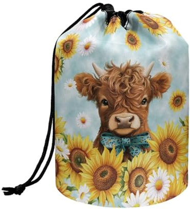 Wnbucioht Highland Cow Drawstring Makeup Bag Opens Flat for Women Girls Cute Travel Bags Toiletries Organizer Large Capacity Drawstring Cosmetic Bag for Womens Wash Organizer Bag