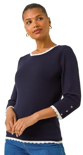Roman Diamante Button Scallop Edge Jumper for Women UK Ladies Autumn Everyday Winter Holiday Round Neckline Comfy Long Sleeve Soft Slim Fit Knitted Sweater Warm Tops