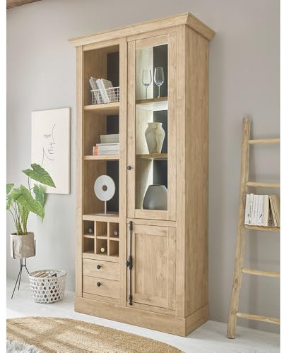 Lomadox Wohnzimmer Vitrine Vitrinenschrank 105 cm breit mit Beleuchtung, Eiche mit schwarz, mit 6 Flaschenfächern, Glastüren, Schubladen, Landhausstil