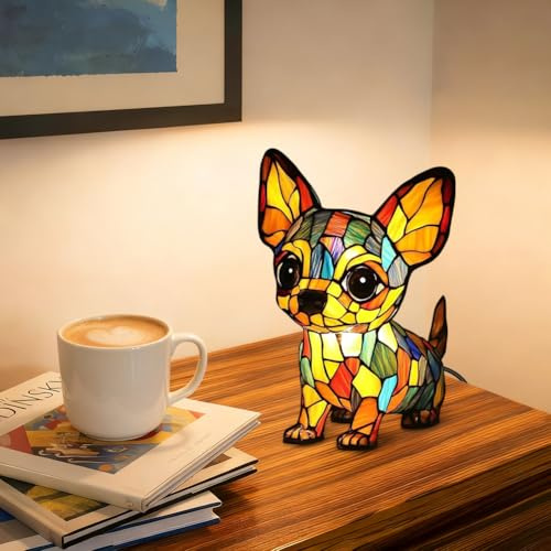 LOMUG Chihuahua Deko Nachtlicht, Leuchthund Lampe aus Harz, Lampe Hund LED Night Light Energieklasse A, Haustier Dekolampe Nachtlampe für Hundefans Wohndeko Kinderzimmer (Chihuahua A, Kleine)