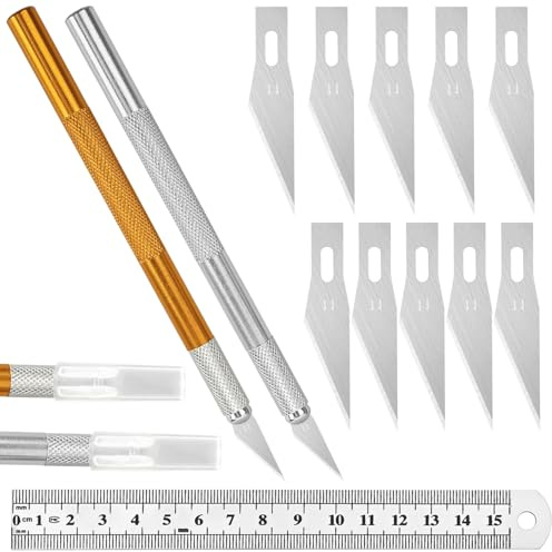 ARWIG Set di 2 Coltelli da Taglio | Bisturi per Hobby | Coltello da Lavori Manuali con 10 Lame di Ricambio e Righello | Strumento di Precisione per Carta da Parati e Artigianato
