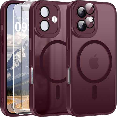 Opkiegrn Magnetisch Hülle für iPhone 17 mit 2 Stück Panzer Schutz Glas Folie, KameraSchutz Folie Stoßfest Kratzfest Transluzente Matt Handyhülle für iPhone 17 Weinrot