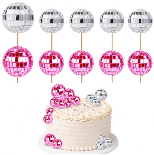 12 Pcs Disco Ball Cupcake Toppers, 70s Glitter Cake Decorations with Stick | Eye-catching party sparkle; Shiny mini disco ball picks; Ideal for birthdays, weddings, disco theme party (Pink, Silver)