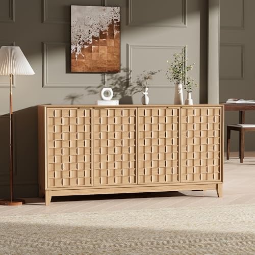 COLAMY Sideboard 150 cm Holz mit Stauraum – Modernes Sideboard für Wohnzimmer, Küchenschrank mit verstellbaren Einlegeböden, Buffet Schrank mit 3D Holzfront Naturholzfarbe