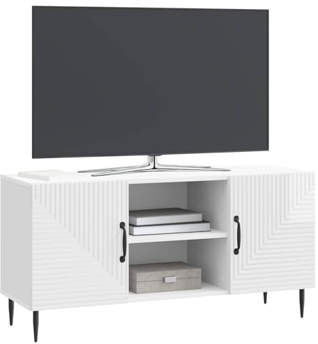 Générique Mobile TV vintage bianco lucido 102 x 34,5 x 50 cm in legno di ingegneria, design basso con deposito e gambe in metallo sfibrato