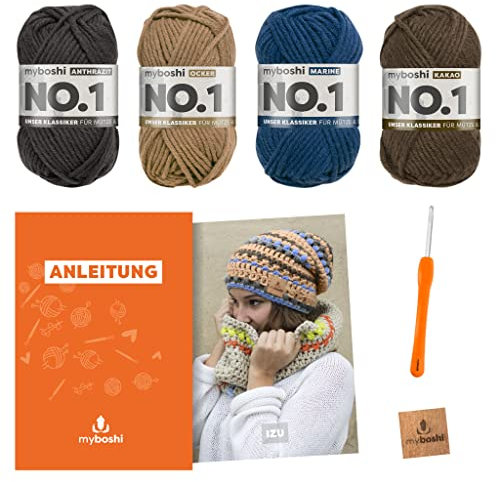 myboshi Häkelset Mütze Izu und Schal Settsu, Häkelset für Anfänger, inkl. No.1 Wolle, Nadel und Anleitung, für Mütze und Schal, Häkelpaket, 30% Merinowolle Schwarz, mit Häkelnadel