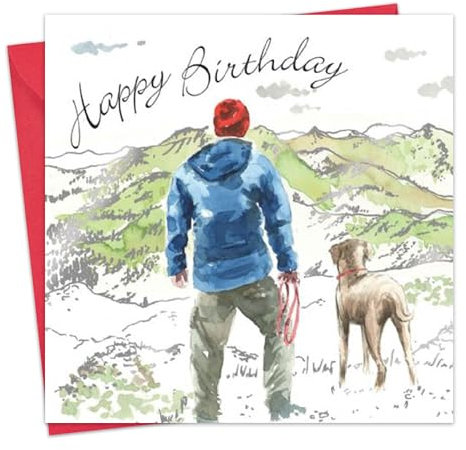 Twizler Happy Birthday Karte für Ihn mit Silberfolie und Aquarell-Effekt - Hundekarte - Männlich Wandern Geburtstag für Männer