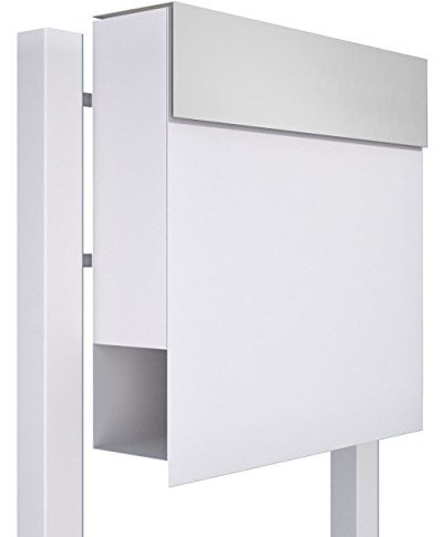 Standbriefkasten mit Zeitungsfach, Design Briefkasten Manhattan Stand Weiß/Edelstahl - Bravios