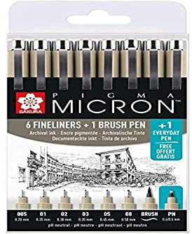 SAKURA Pigma Micron Fineliner Set - 6 Spitzenbreiten + Pinsel & PN-Stift gratis - Schwarz - Wasserfest & lichtbeständig