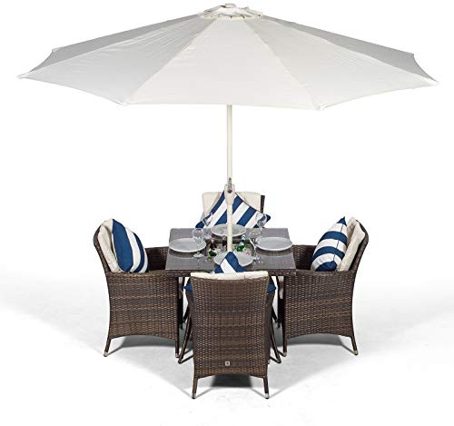 Giardino Savannah Rattan Garden Dining Set 4 Seater Outdoor Square Table & Chairs with Ice Bucket, Parasol & Cover, Patio Furniture Set, Aluminium Frame, 90 x 90cm, Brown
