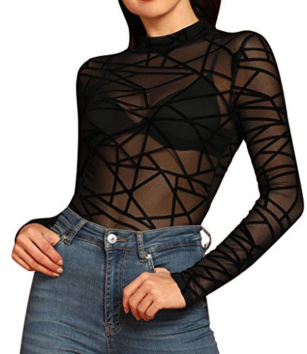 Lazzboy Mesh Crop Top Sexy Women See-Through Transparent Slim Ladies Long Sleeve/Short Sleeve Blouse,Many Style(14,Black-Stripes)