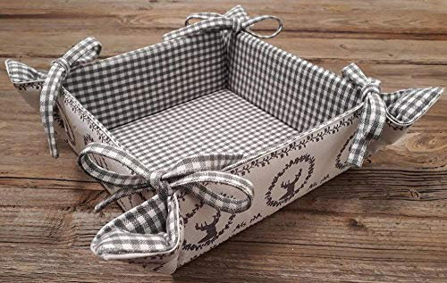 Brotkorb Stoff RESI 20x20 cm - Eckiger Brötchenkorb in grau kariert & Hirsch Motiv - Nachhaltig aus 100% Baumwolle, waschbar bei 30°, Landhausstil für Brot, Brötchen, Gebäck oder Tischdekoration